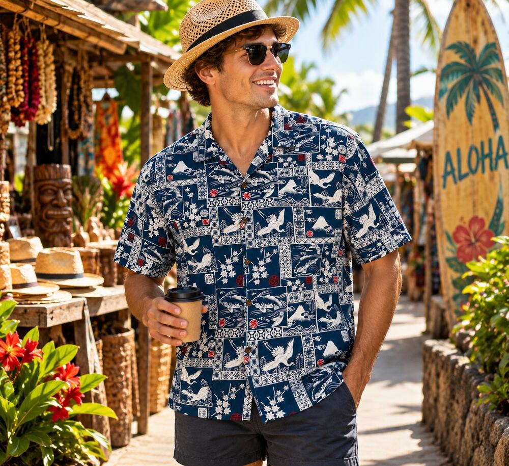 Made in Hawaii Men’s 2XL Navy Koi Crane Japanese Print Aloha Shirt